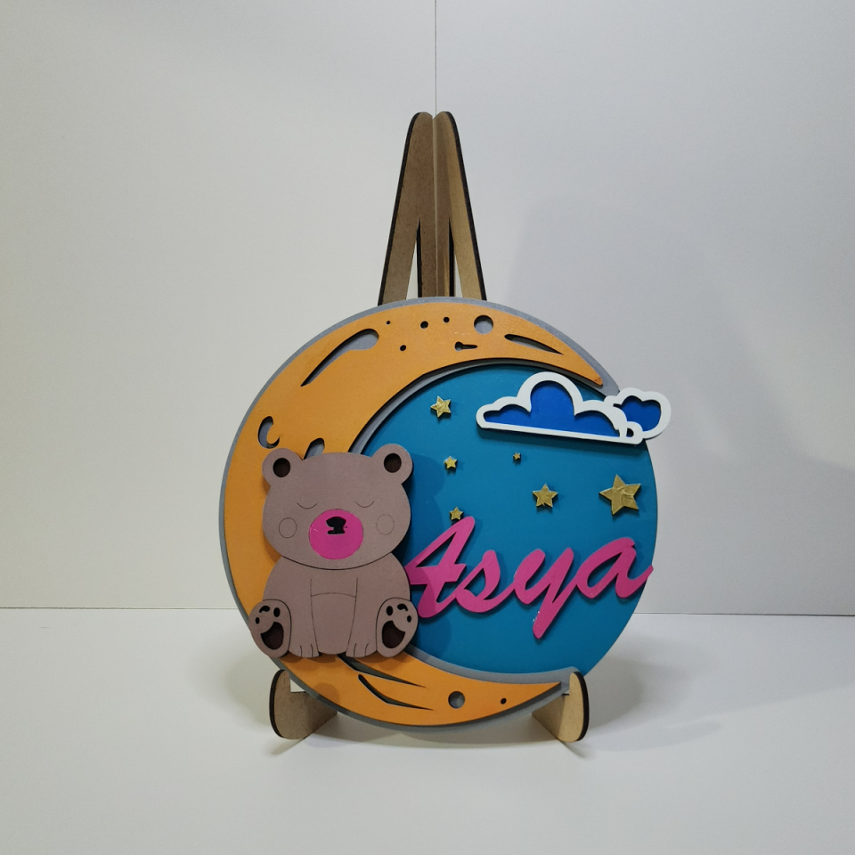 Ayıcık ve Ay Temalı İsme Özel Bebek Kapı Süsü