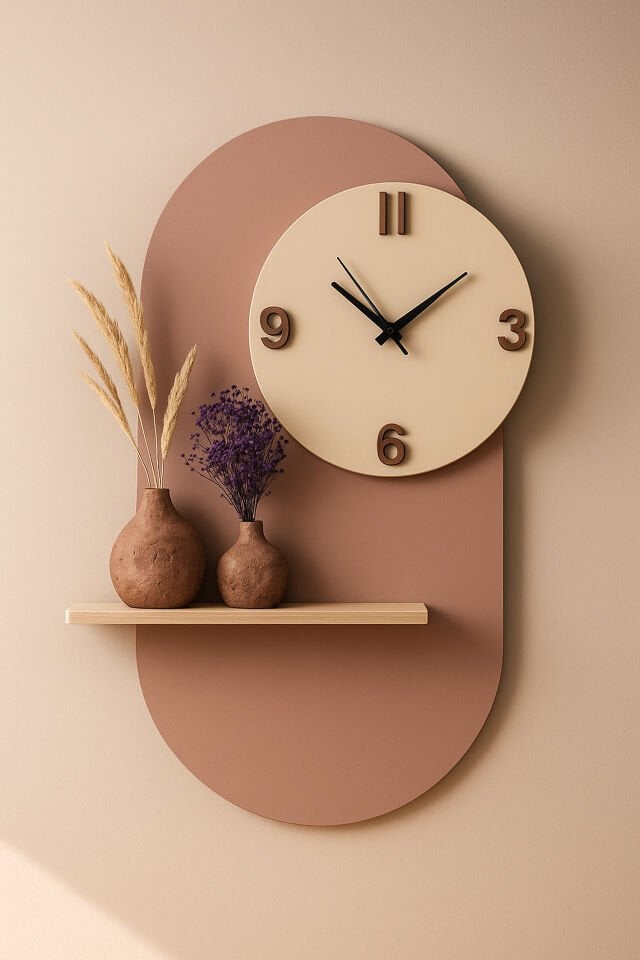 Modern Tasarım Raflı Nera Duvar Saati – Vazo Hediyeli Zen Duvar Saati