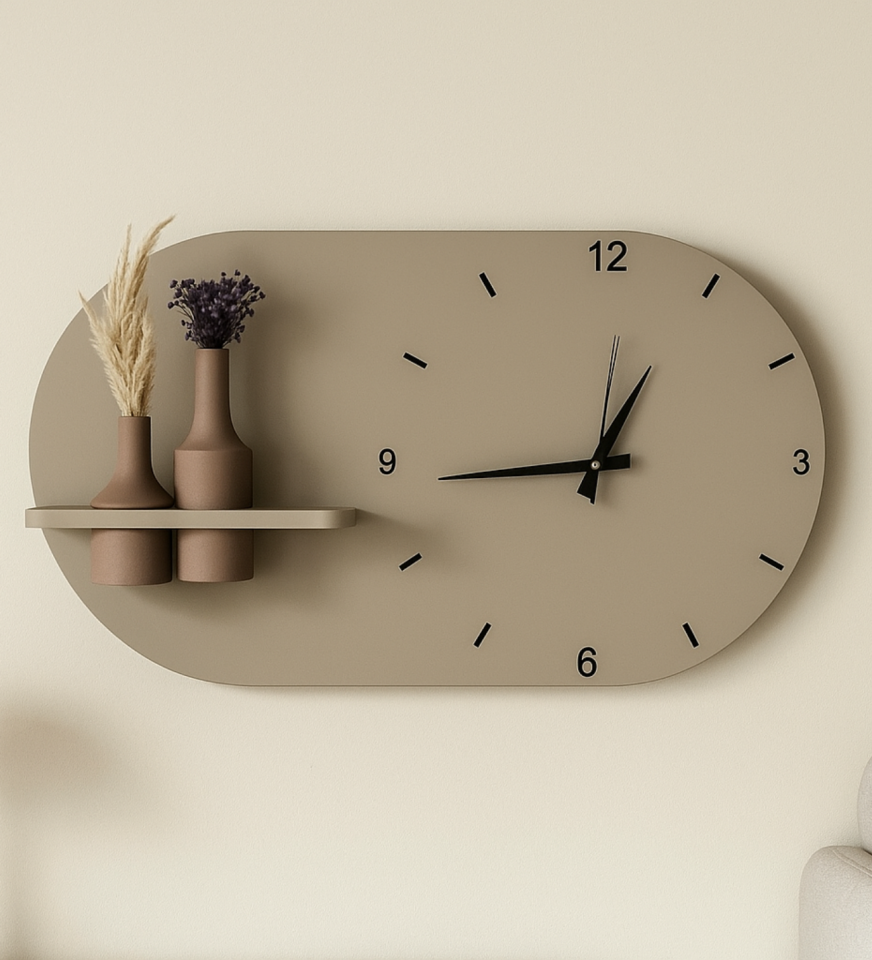 Modern Tasarım Raflı Oval Duvar Saati - Ahşap Dekoratif Duvar Saati Yatay