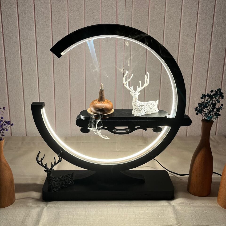 Modern LED Işıklı Dekoratif Lamba - Geyik Figürlü Geri Akış Tütsülük Gece Lambası