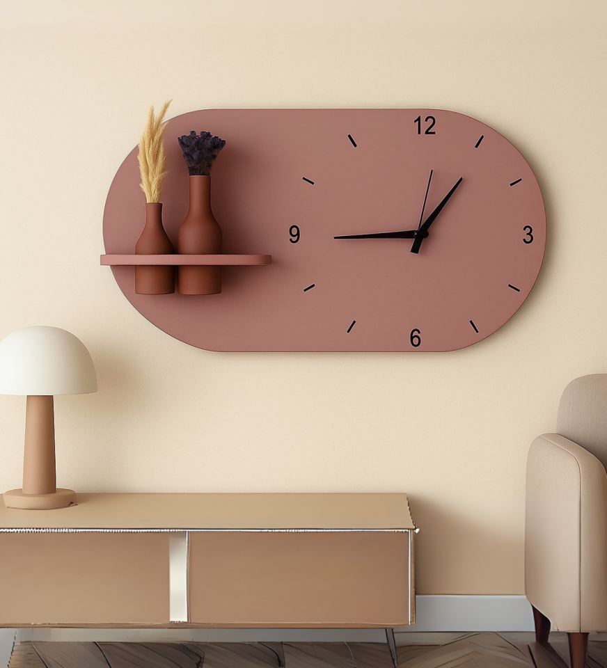 Modern Tasarım Raflı Oval Duvar Saati - Ahşap Dekoratif Duvar Saati Yatay Gül Kurusu