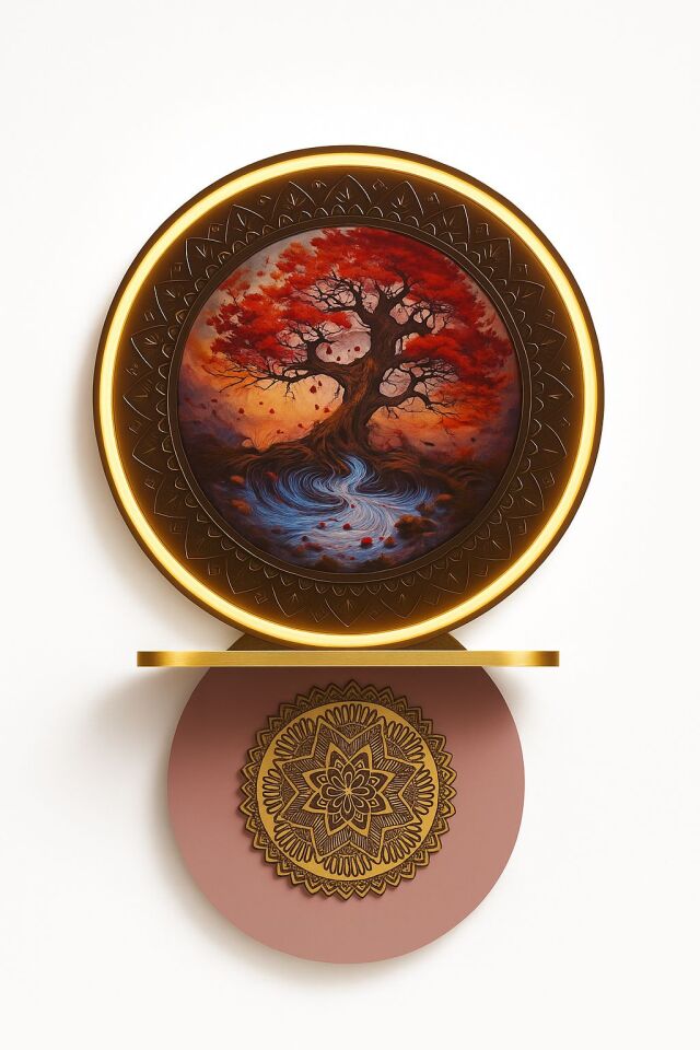 LED Aydınlatmalı Modern Tasarım Ahşap Duvar Tablosu Yuvarlak 50x75cm