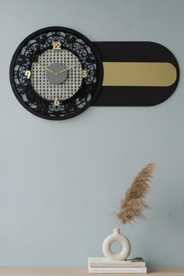 Hazeran Detaylı Dekoratif Nera Duvar Saati 70X40 Siyah-Altın