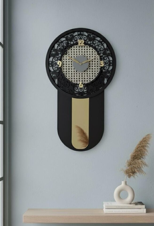 Hazeran Detaylı Dekoratif Nera Duvar Saati 40x70 Siyah-Altın