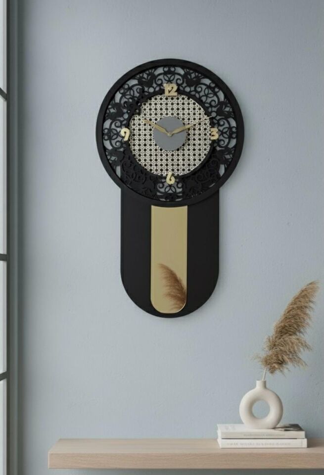Hazeran Detaylı Dekoratif Nera Duvar Saati 40x70 Siyah-Altın
