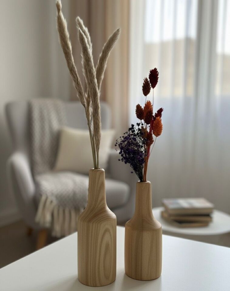 Doğal Ahşap Dekoratif Vazo Seti (20cm-17cm) 2 Parça