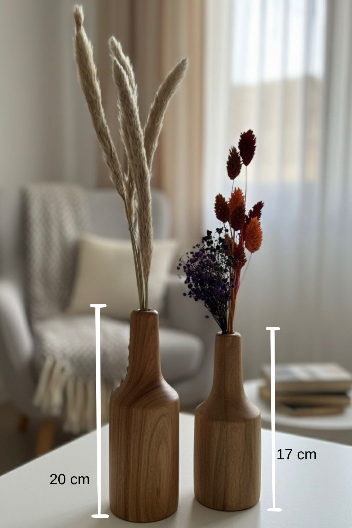 Doğal Koyu Ahşap Dekoratif Vazo Seti (20cm-17cm) 2 Parça