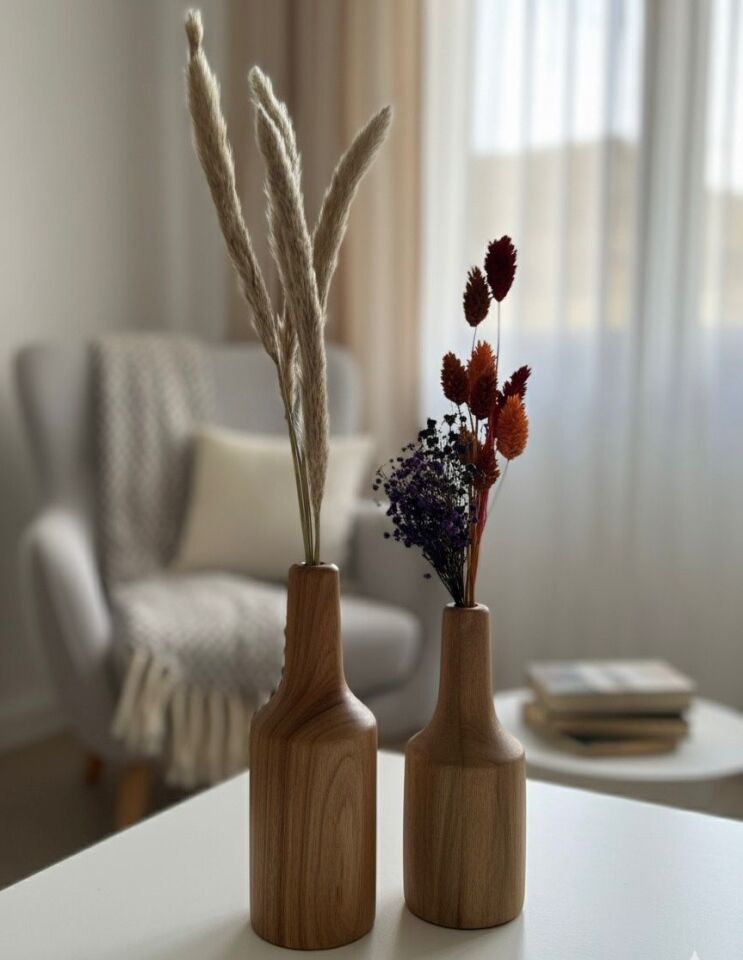 Doğal Koyu Ahşap Dekoratif Vazo Seti (20cm-17cm) 2 Parça