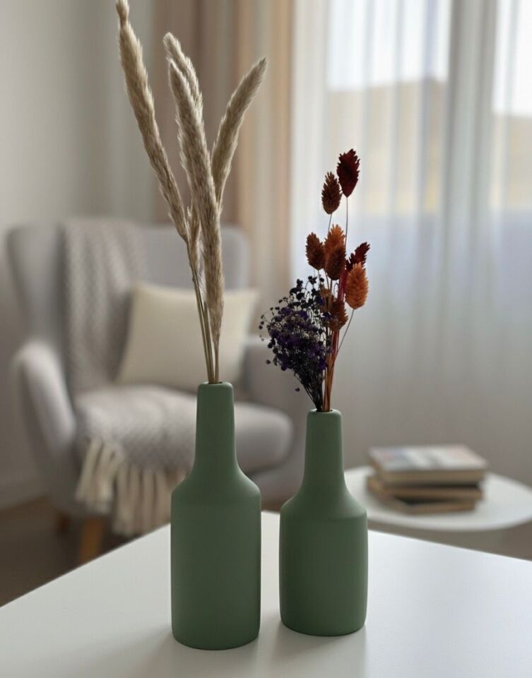 Doğal Ahşap Dekoratif Vazo Seti (20cm-17cm) 2 Parça Yeşil