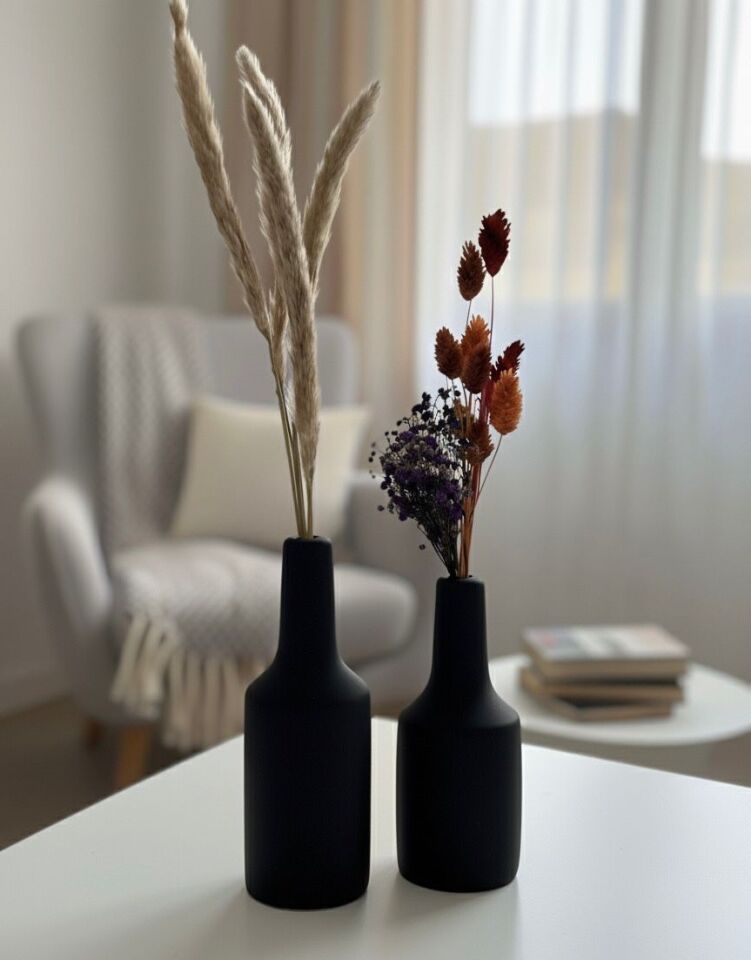 Doğal Ahşap Dekoratif Vazo Seti (20cm-17cm) 2 Parça Siyah