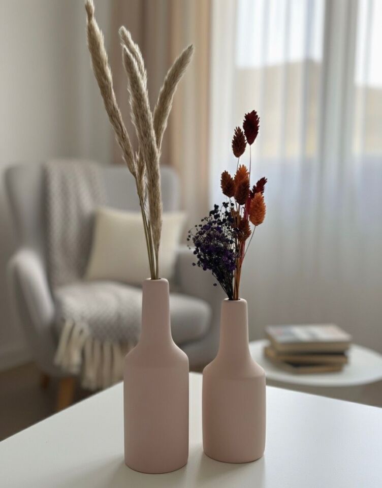 Doğal Ahşap Dekoratif Vazo Seti (20cm-17cm) 2 Parça Gül Kurusu