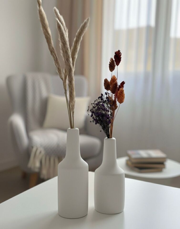 Doğal Ahşap Dekoratif Vazo Seti (20cm-17cm) 2 Parça Beyaz