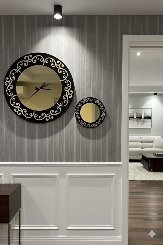 Gold Ayrıntılı Yuvarlak Aynalı Duvar Saati Seti - Dekoratif Modern Ayna Saat (40 cm + 20 cm)