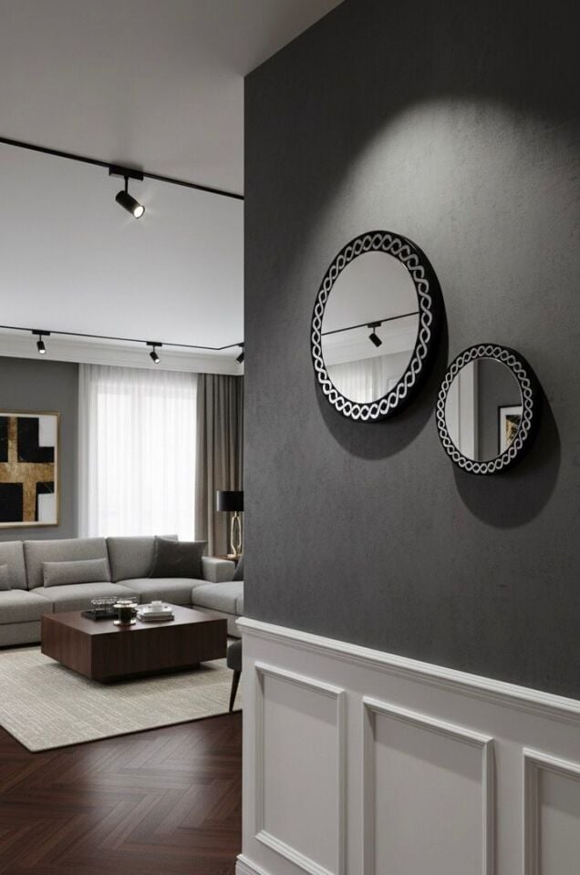 Gümüş Desenli Ahşap Yuvarlak Duvar Aynası - Dekoratif Silver Duvar Ayna Seti (40cm ve 20cm)