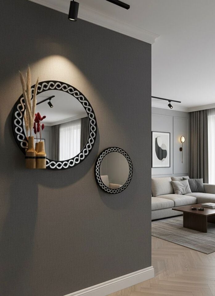 Gümüş Desenli Ahşap Yuvarlak Duvar Aynası - Dekoratif Saksılı Duvar Ayna Seti (40cm ve 20cm)