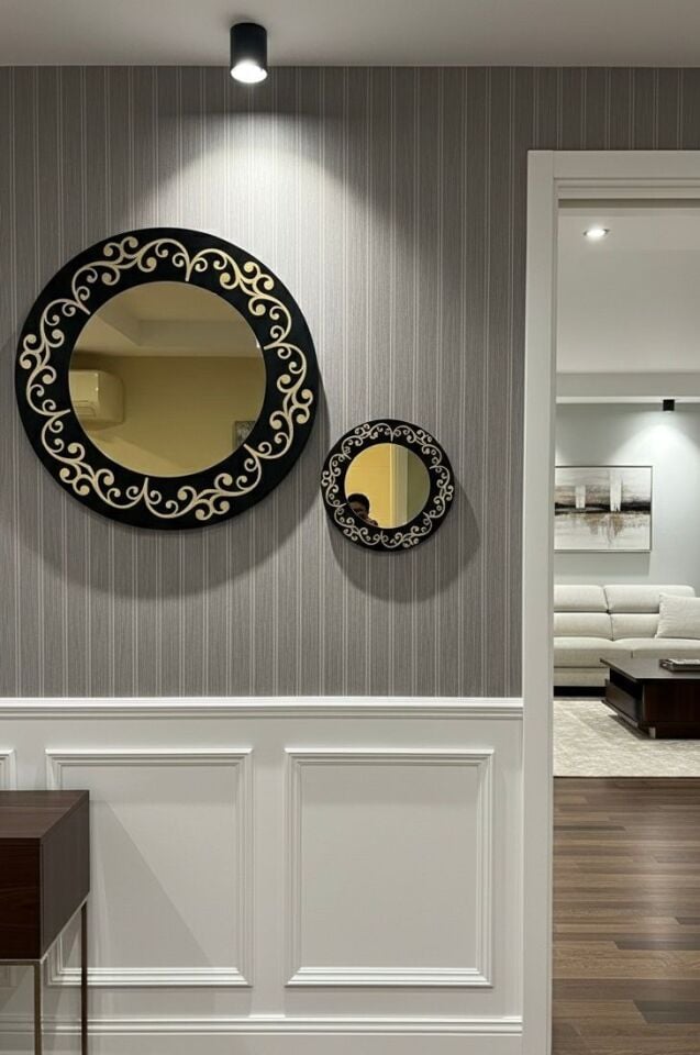 Altın Desenli Ahşap Yuvarlak Duvar Aynası - Dekoratif Gold Duvar Ayna Seti (40cm ve 20cm)