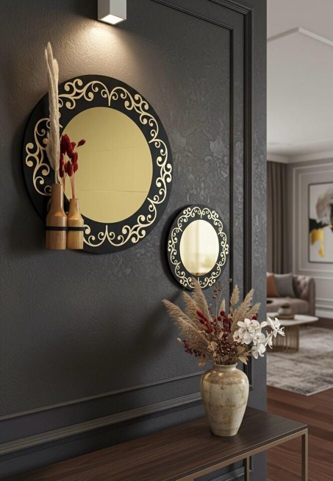 Altın Desenli Ahşap Yuvarlak Duvar Aynası - Dekoratif Saksılı Duvar Ayna Seti (40cm ve 20cm)