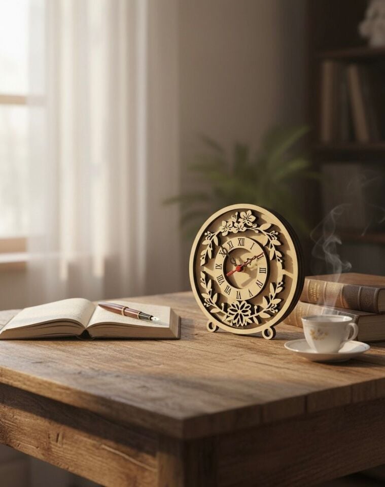 Doğal Ahşap Çiçek Desenli Masa Saati 20x20