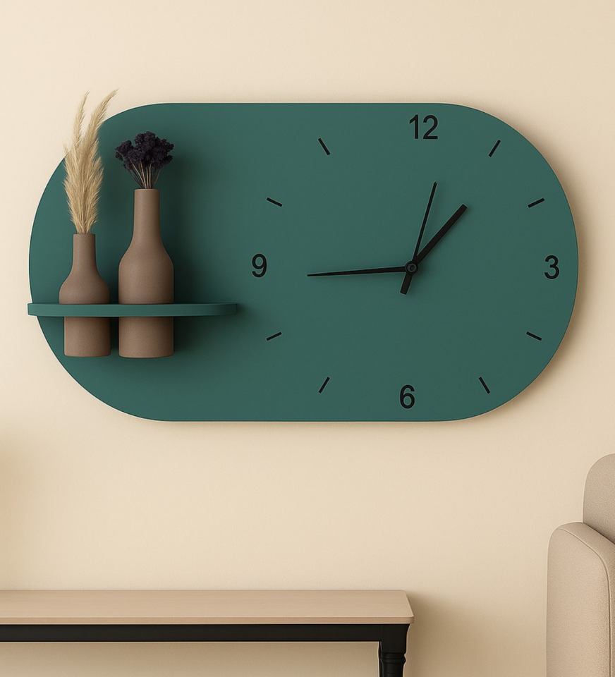Modern Tasarım Raflı Nera Duvar Saati 60x35 Yeşil