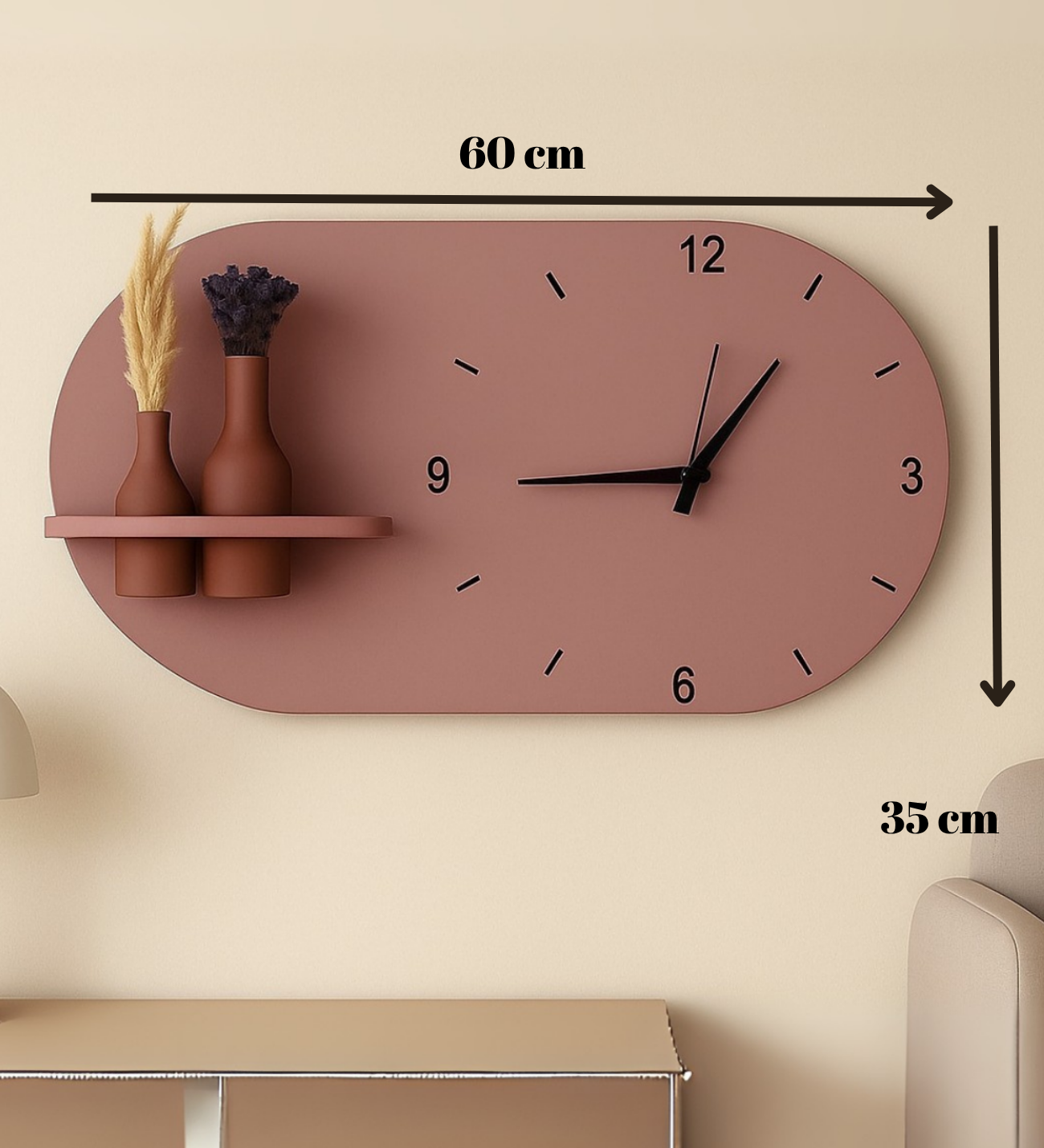 Modern Tasarım Raflı Nera Duvar Saati 60x35 Gül Kurusu