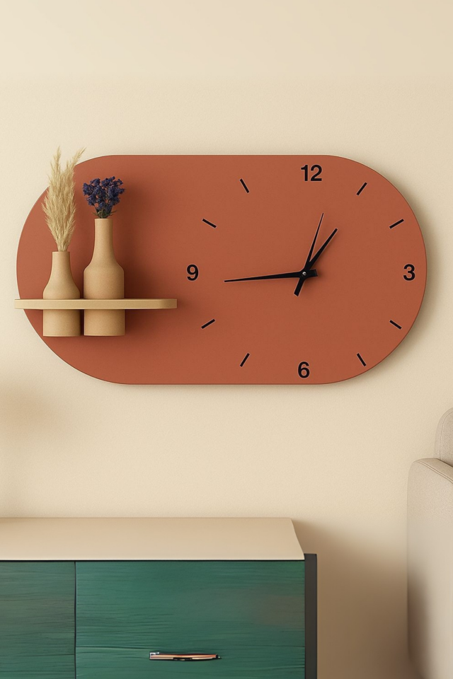 Modern Tasarım Raflı Nera Duvar Saati 60x35 Turuncu