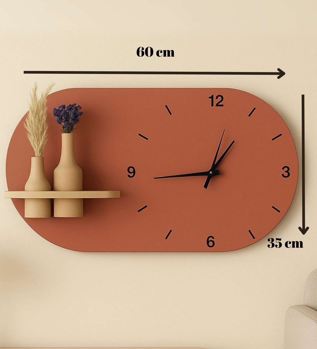 Modern Tasarım Raflı Nera Duvar Saati 60x35 Turuncu