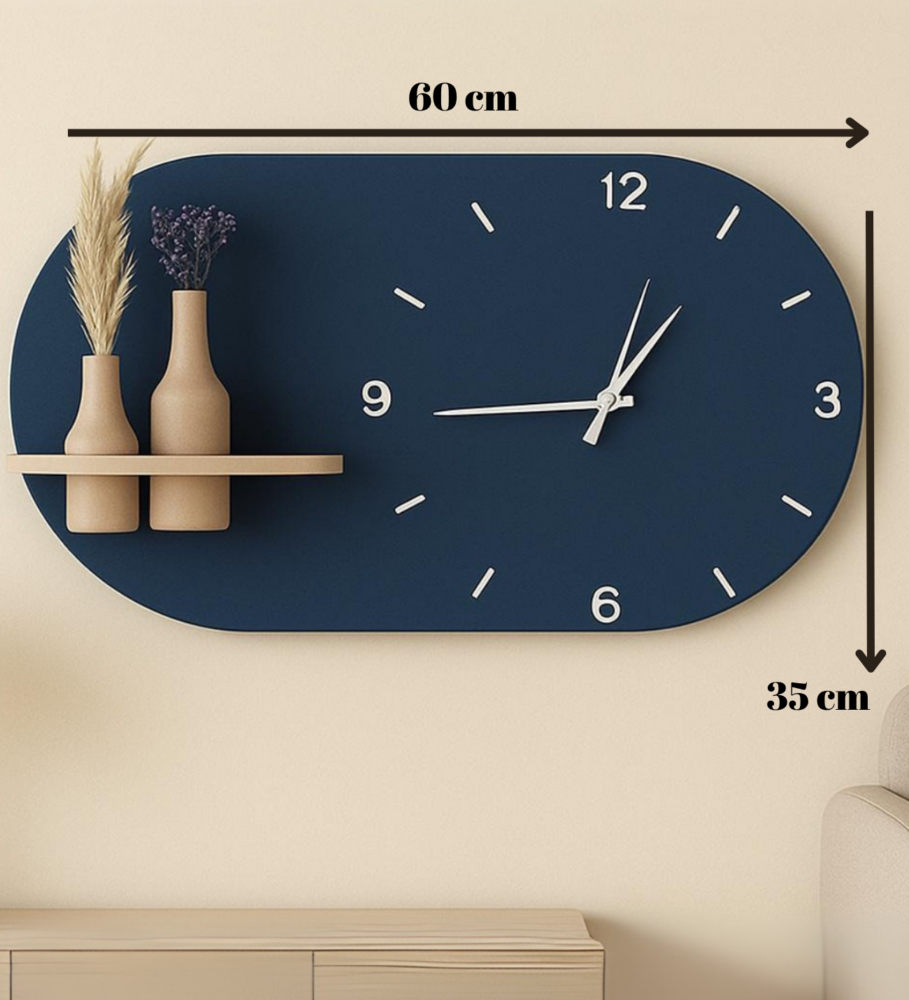 Modern Tasarım Raflı Nera Duvar Saati 60x35 Lacivert