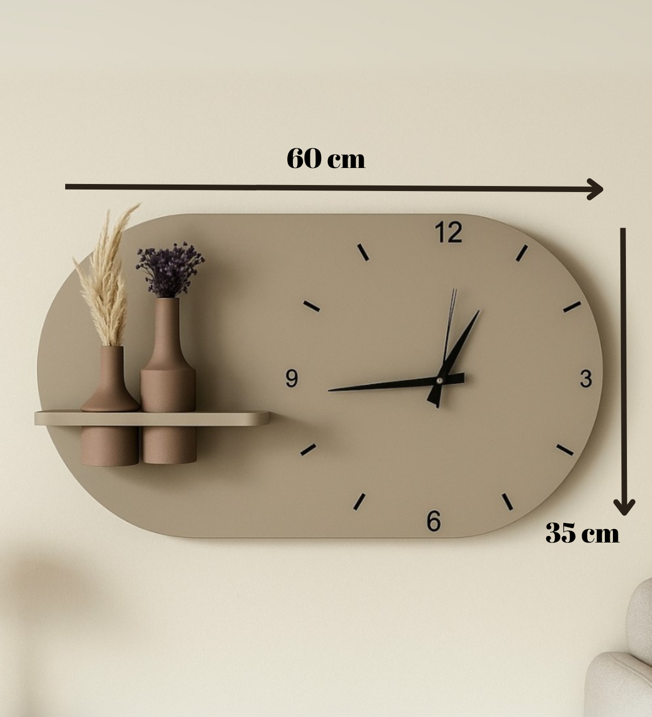 Modern Tasarım Raflı Nera Duvar Saati 60x35 Krem