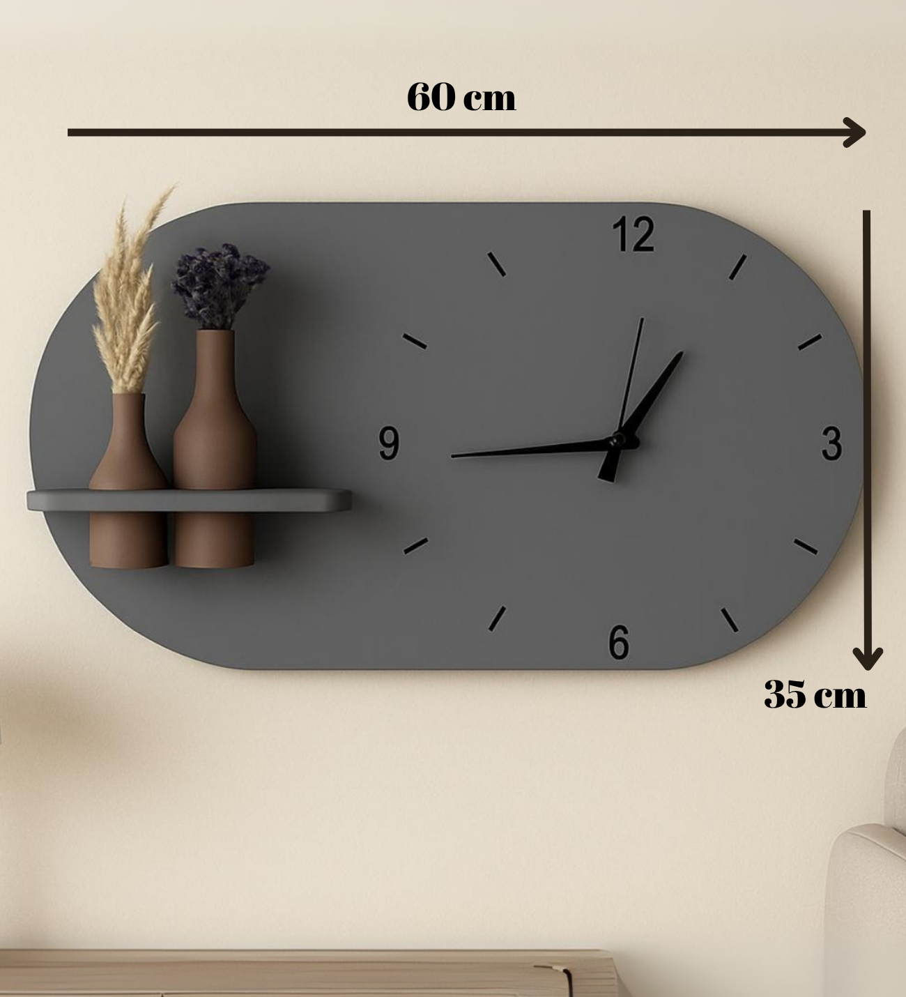 Modern Tasarım Raflı Nera Duvar Saati 60x35 Gri