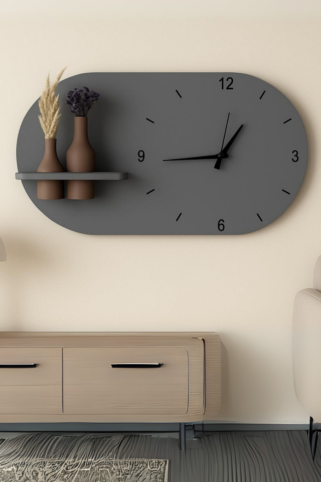 Modern Tasarım Raflı Nera Duvar Saati 60x35 Gri