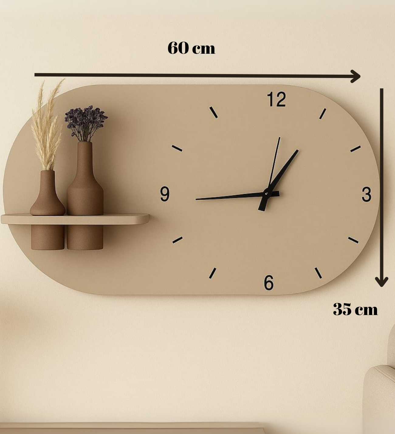Modern Tasarım Raflı Nera Duvar Saati 60x35 Bej