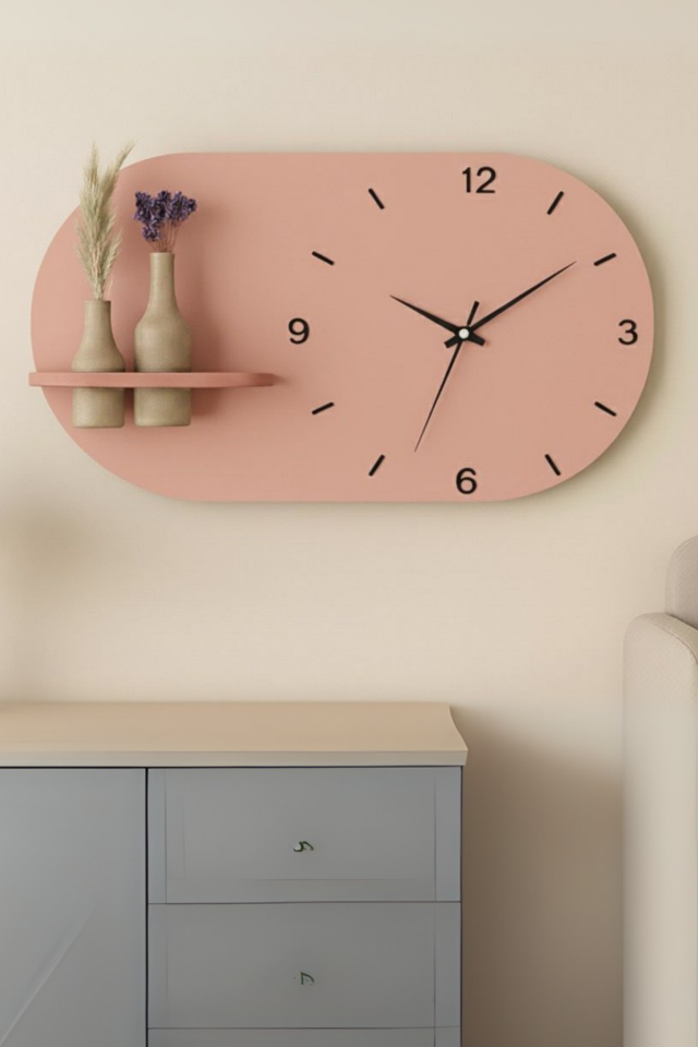Modern Tasarım Raflı Nera Duvar Saati 60x35 Somon