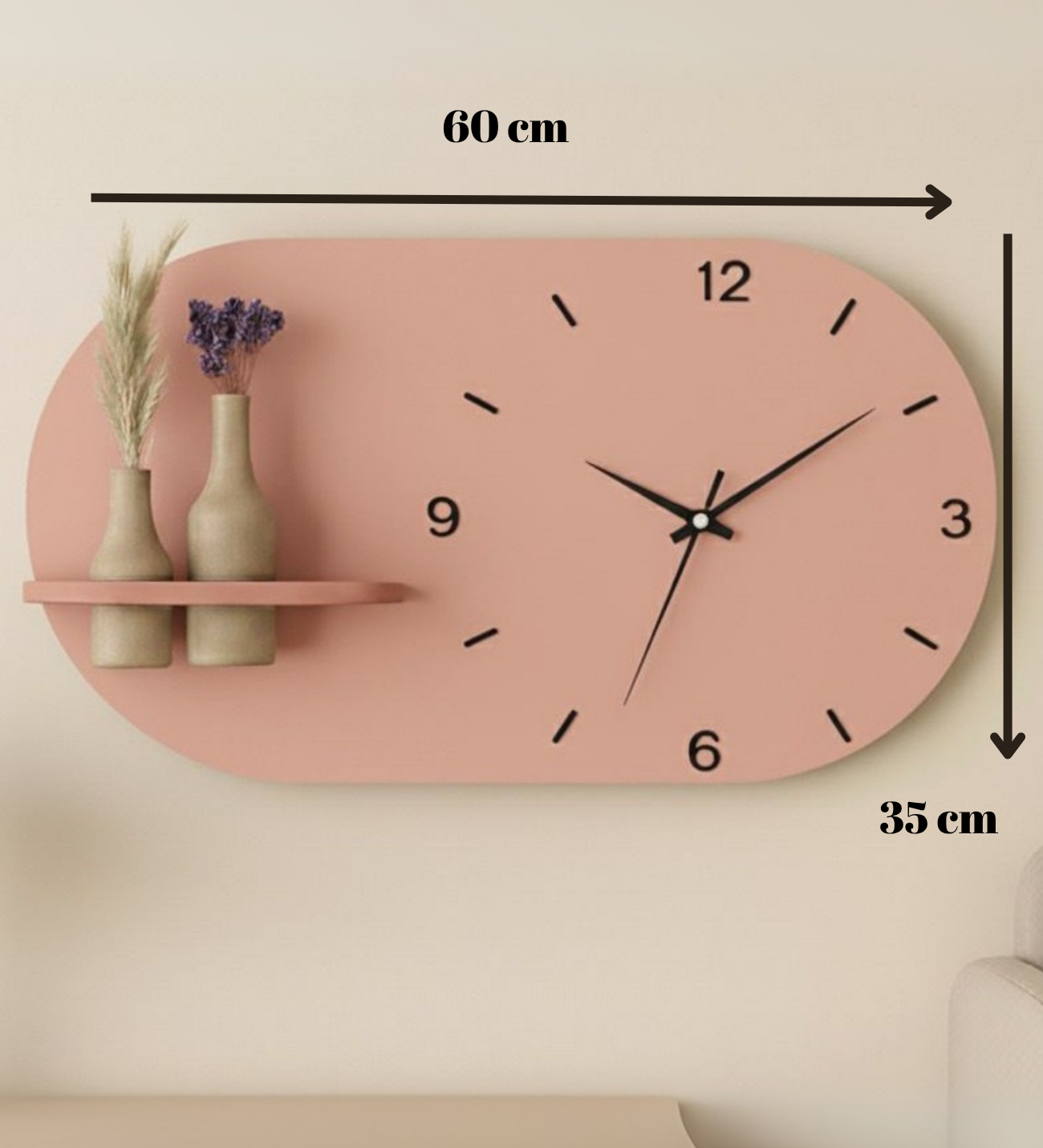 Modern Tasarım Raflı Nera Duvar Saati 60x35 Somon