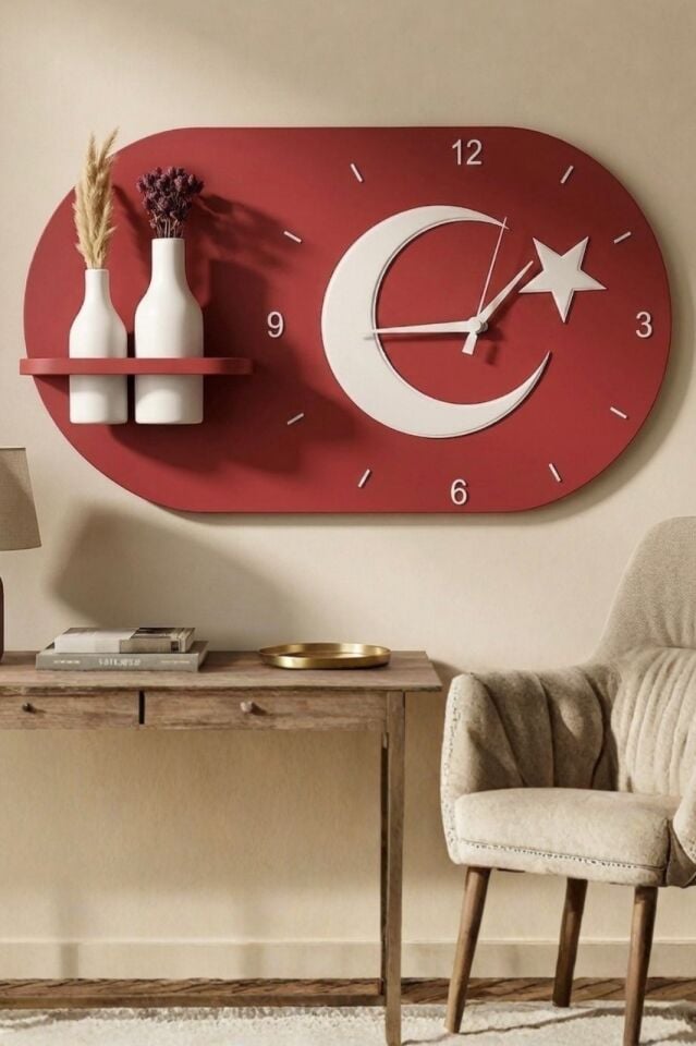 Modern Tasarım Raflı Ay Yıldız Bayrak Temalı Nera Duvar Saati Kırmızı Beyaz