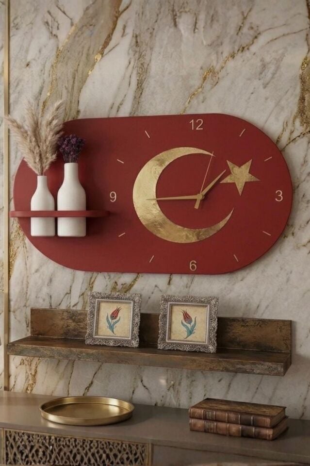 Modern Tasarım Raflı Ay Yıldız Bayrak Temalı Nera Duvar Saati Kırmızı-Altın